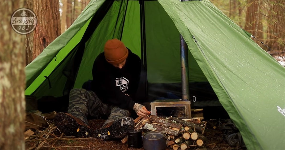 open fire in the firehiking tent