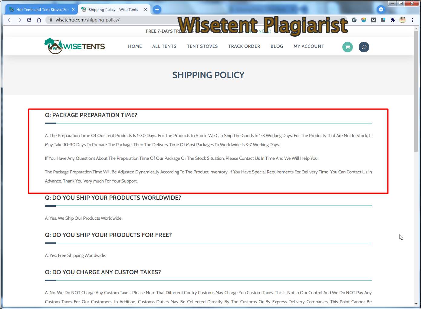 Wisetent plagiarized Pomoly tent and website